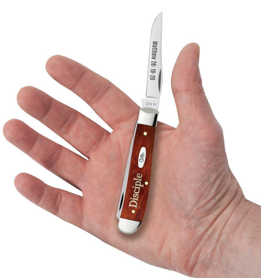 Case Knives Religious Sayings Matthew 28: 19-20 Embellished Smooth Chestnut Bone Mini Trapper