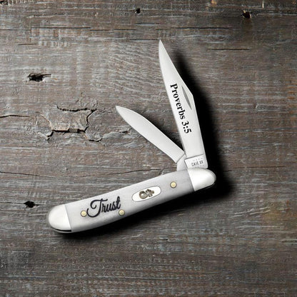Case Religious Sayings Trust Embellished Smooth Natural Bone Peanut Pocket Knife