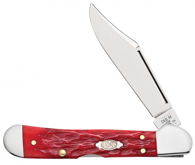 Case Peach Seed Jigged Dark Red Bone Mini Copperlock Carbon Steel Pocket Knife