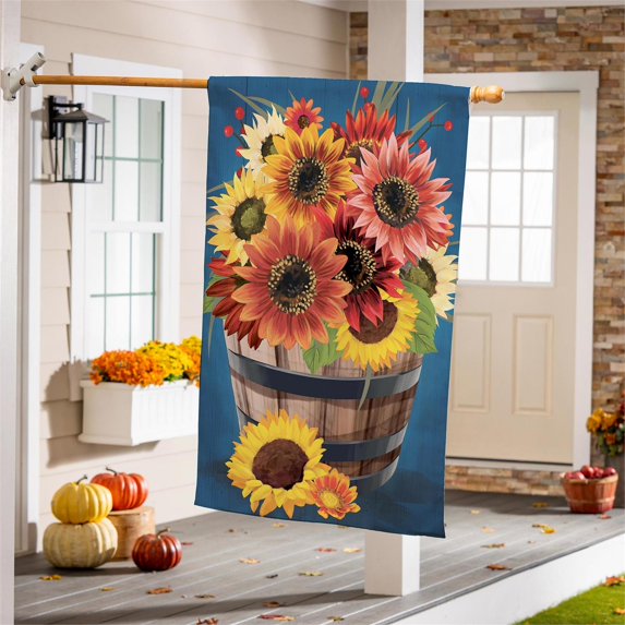 Evergreen Barrel Of Blooms & Pumpkins
