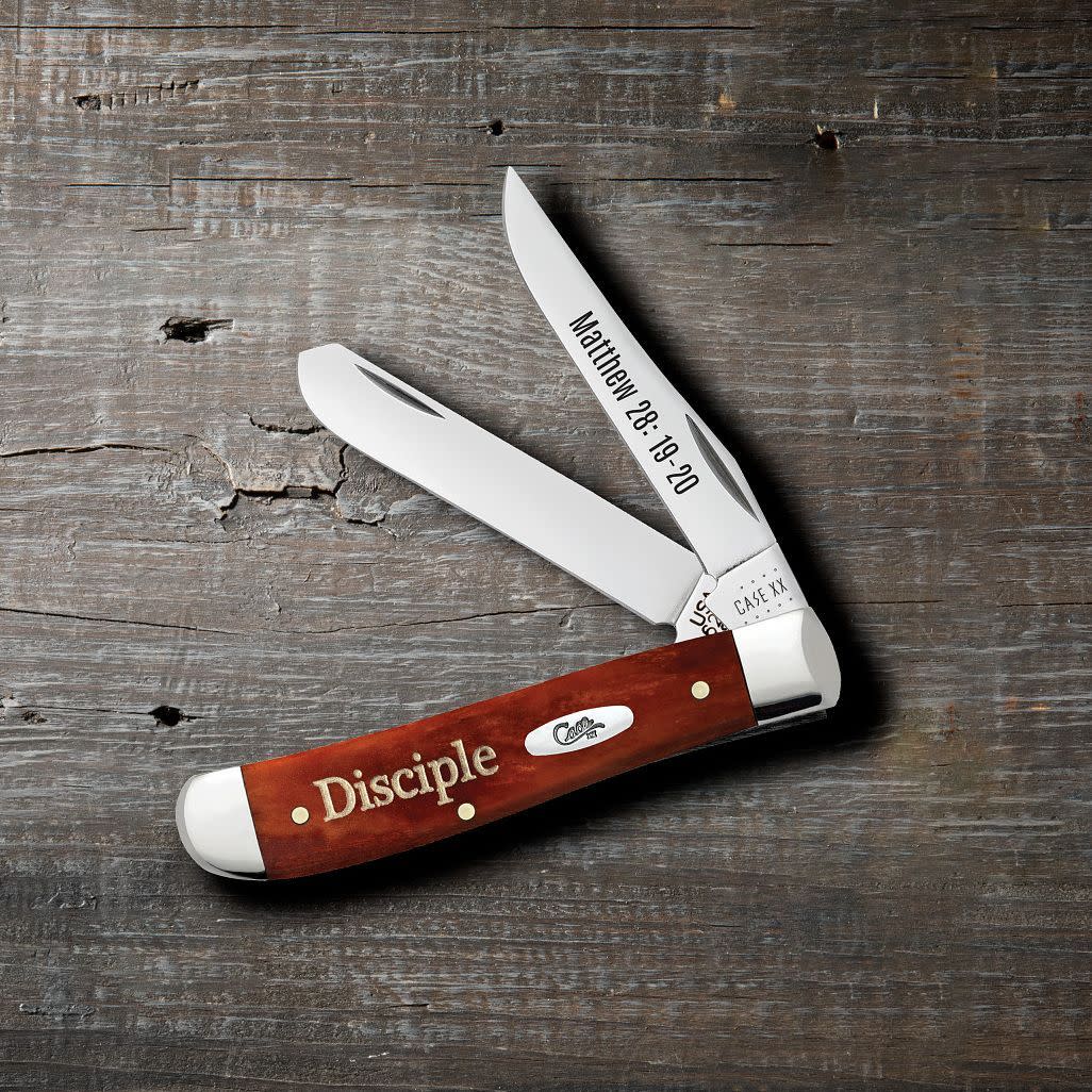 Case Knives Religious Sayings Matthew 28: 19-20 Embellished Smooth Chestnut Bone Mini Trapper