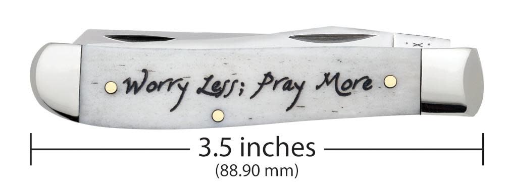 Case Knives Religious Sayings Worry Less, Pray More Embellished Smooth Natural Bone Mini Trapper