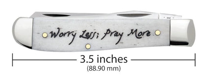 Case Knives Religious Sayings Worry Less, Pray More Embellished Smooth Natural Bone Mini Trapper