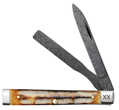 Case Deep Canyon Jigged Burnt Natural Bone Baby Doc Raindrop Damascus