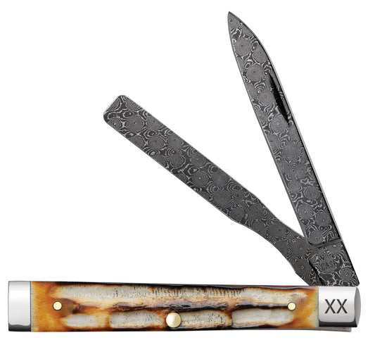 Case Deep Canyon Jigged Burnt Natural Bone Baby Doc Raindrop Damascus