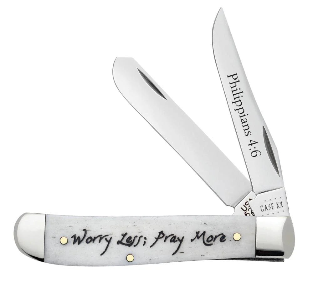 Case Knives Religious Sayings Worry Less, Pray More Embellished Smooth Natural Bone Mini Trapper