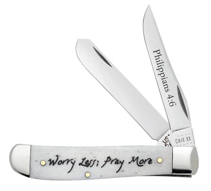 Case Knives Religious Sayings Worry Less, Pray More Embellished Smooth Natural Bone Mini Trapper