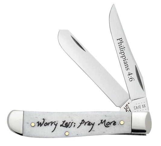 Case Knives Religious Sayings Worry Less, Pray More Embellished Smooth Natural Bone Mini Trapper