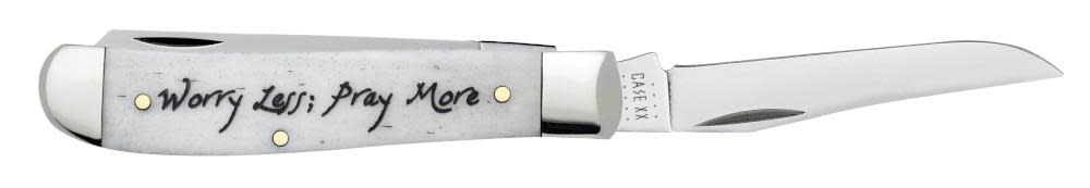 Case Knives Religious Sayings Worry Less, Pray More Embellished Smooth Natural Bone Mini Trapper