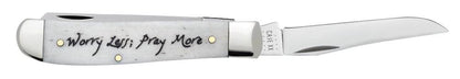 Case Knives Religious Sayings Worry Less, Pray More Embellished Smooth Natural Bone Mini Trapper
