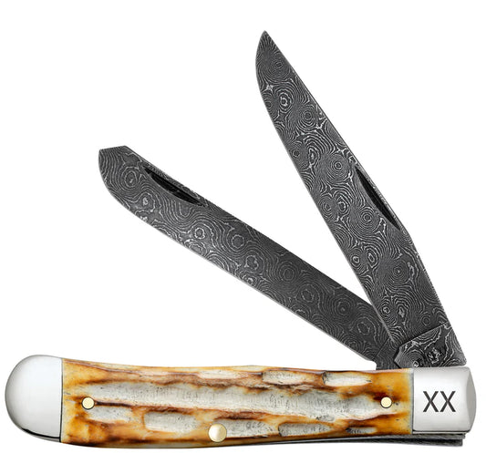 Case Deep Canyon Jigged Burnt Natural Bone Trapper Raindrop Damascus