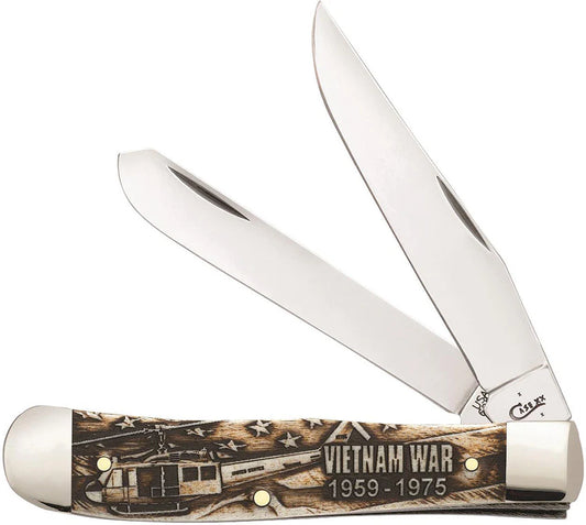 Case Korean War Embellished Natural Bone Trapper Stainless Pocket Knife 22031