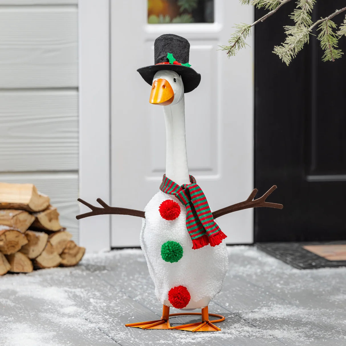 Evergreen Giddy the Goose Outfit, Snowman, Porch Goose