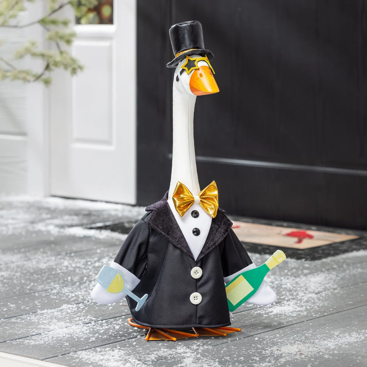 Evergreen Giddy the Goose Outfit, Happy New Year, Porch Goose