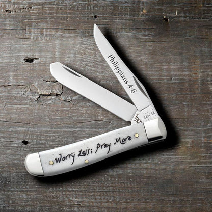 Case Knives Religious Sayings Worry Less, Pray More Embellished Smooth Natural Bone Mini Trapper