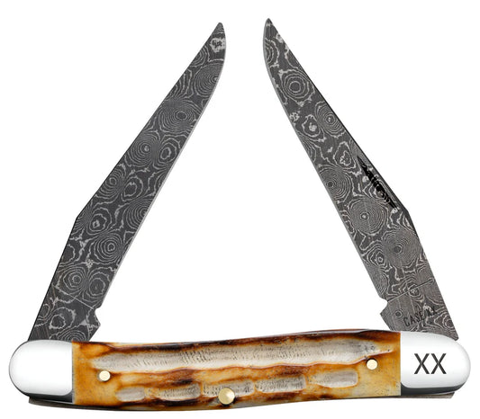 Case Deep Canyon Jigged Burnt Natural Bone Muskrat Raindrop Damascus