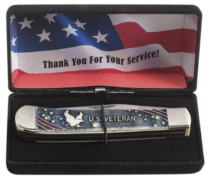 Case U.S. Veteran Gift Set Embellished Smooth Natural Bone with Blue and Red Color Wash Trapper (In Velvet Box)