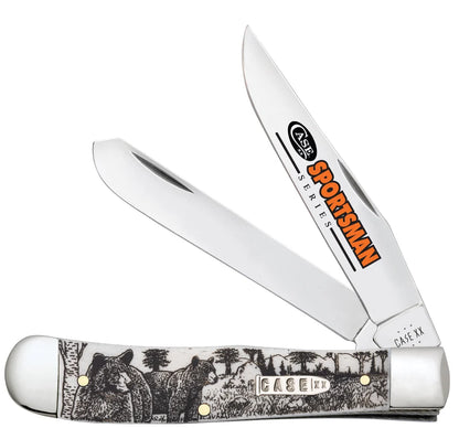 Case Sportsman Series Bear Embellished Smooth Natural Bone Trapper 81223 Pocket Knife